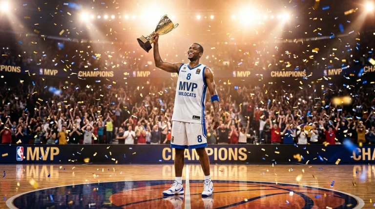 Jugador de baloncesto de la Euroliga celebrando con el trofeo MVP en la pista