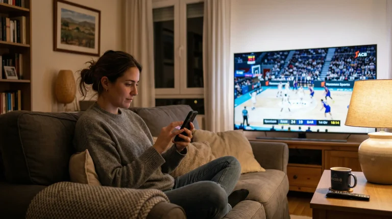 Persona con un dispositivo móvil frente a una pantalla de televisión que muestra un partido de baloncesto de la Euroliga en España