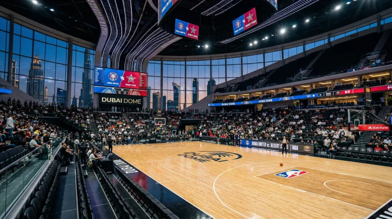 Pabellón de baloncesto moderno en Dubái con la cancha preparada para un partido de la Euroliga