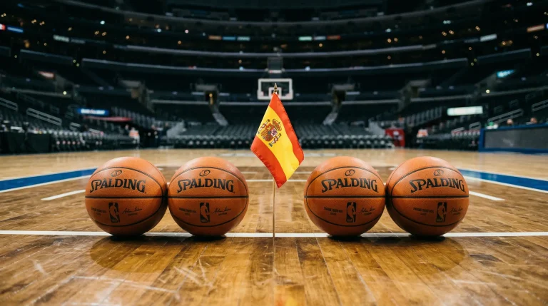 Cancha de baloncesto con la bandera española y cuatro balones representando los equipos españoles en la Euroliga