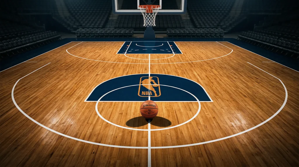 Cancha de baloncesto de la Euroliga con líneas marcadas y un balón en el centro