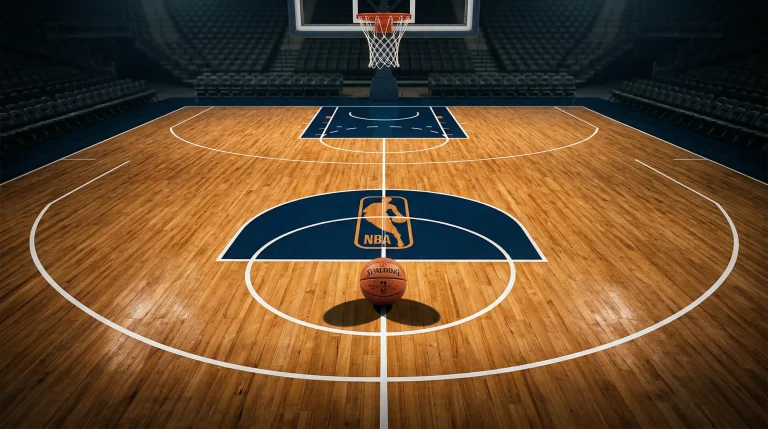 Cancha de baloncesto de la Euroliga con líneas marcadas y un balón en el centro