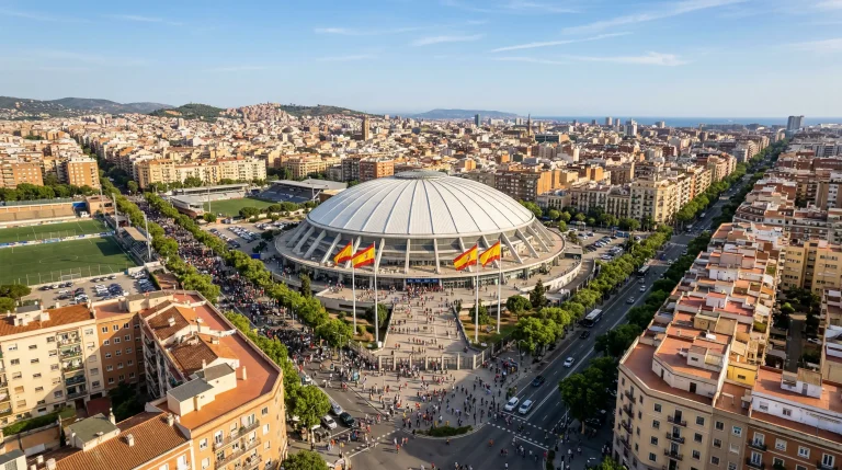 Vista aérea de un estadio deportivo en España con banderas españolas y público