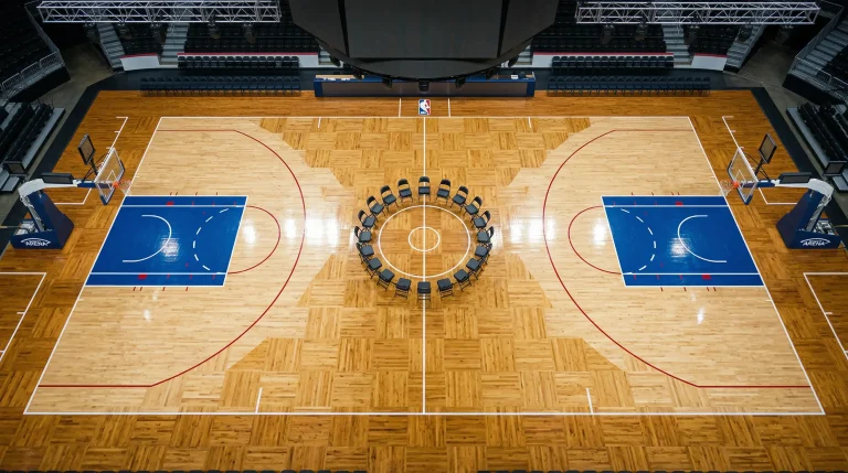 Mesa de análisis con estadísticas de baloncesto de la Euroliga impresas y un portátil abierto