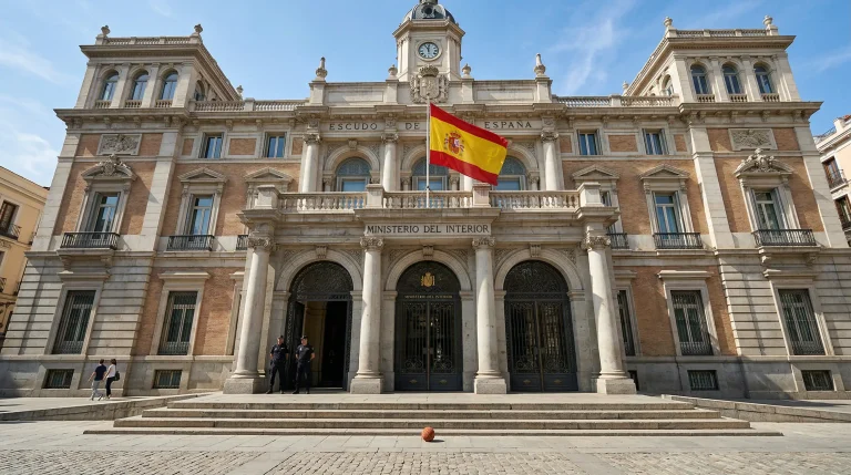 Edificio institucional en España con la bandera española y un balón de baloncesto en primer plano