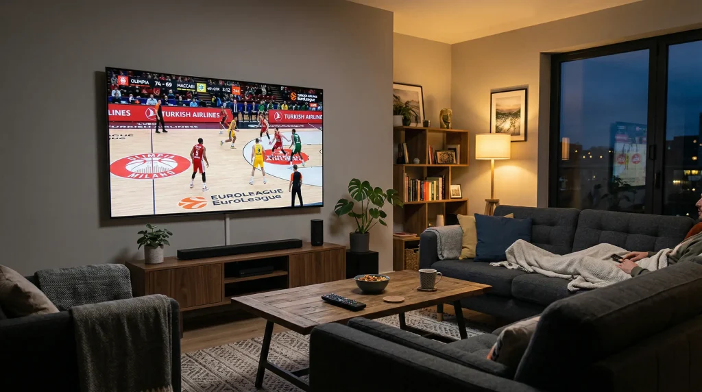 Salón con una televisión grande mostrando un partido de baloncesto de la Euroliga en directo